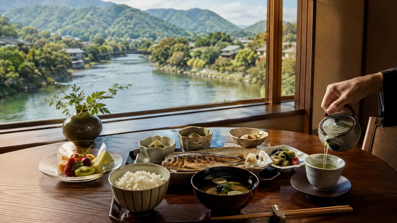 京都の川を望む架空の高級ホテルで一人分の和朝食を楽しむ場面