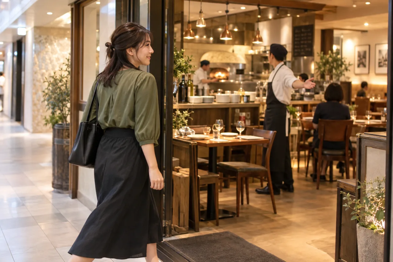 地下街のレストランへ一人で踏み込み、迎えられる女性の場面イメージ