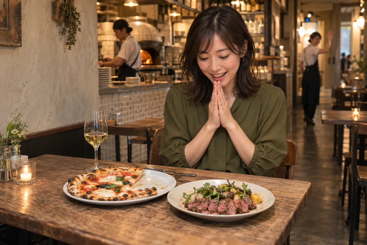 食べかけのピザと切り分けられたステーキを楽しむ一人客の場面イメージ