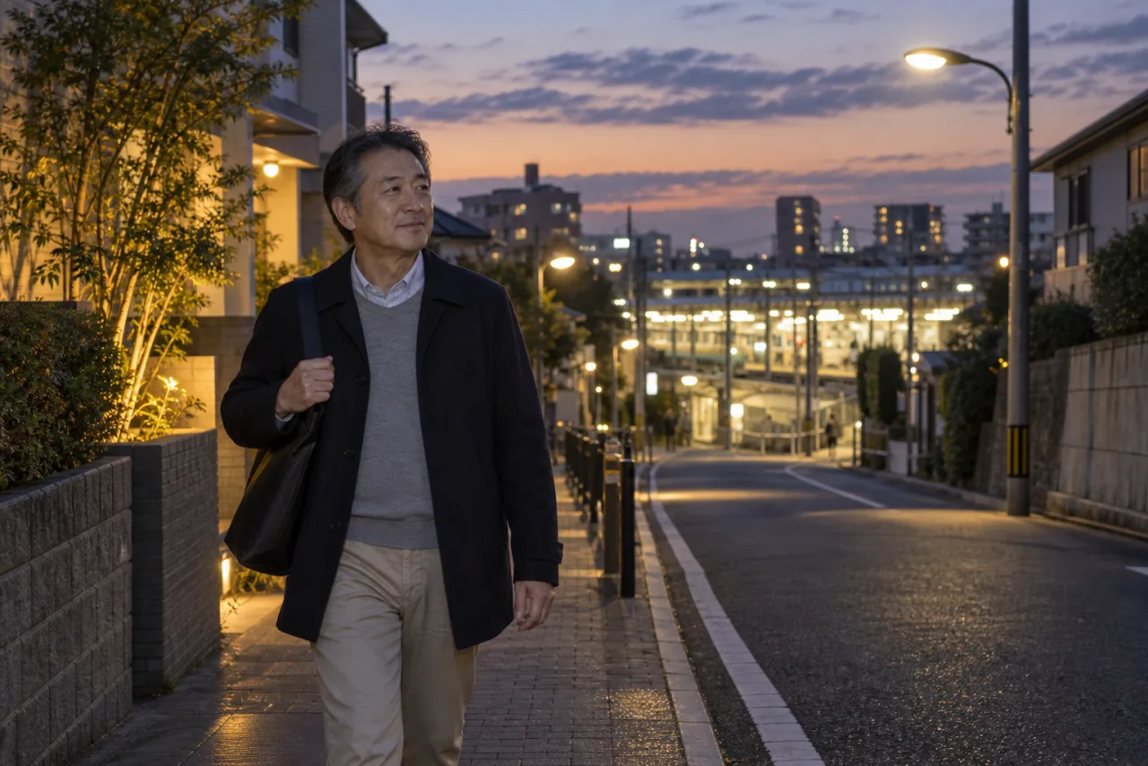 夜の帰宅ルートを歩いて確認する57歳の聡さん