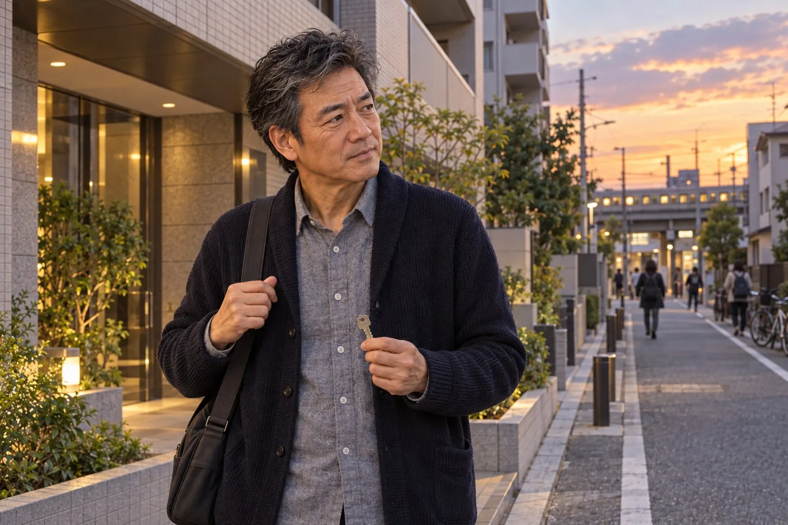 夕方の大阪で候補マンションと駅への道を見ながら最後の鍵を考える聡さん