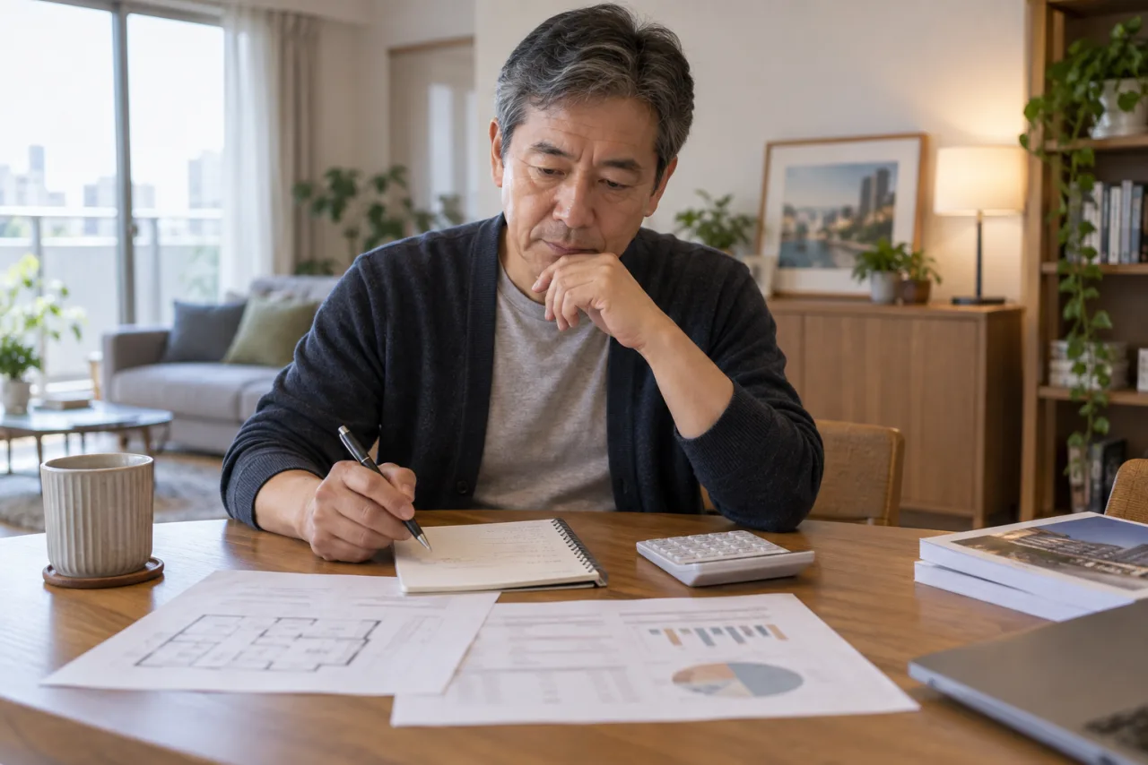 購入条件を家族と日曜のテーブルで見直す57歳の聡さん