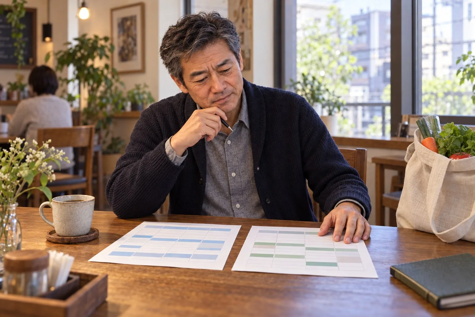 日曜の候補街で買物と通院先と仕事の二枚の週間表を広げる聡さん