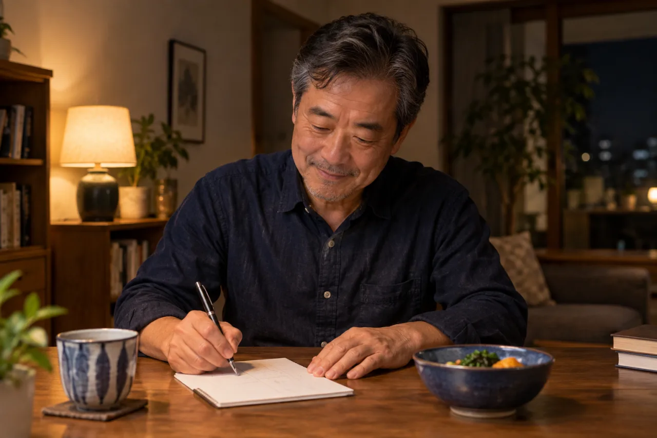 青い器のそばで来週の予定を書く聡さん
