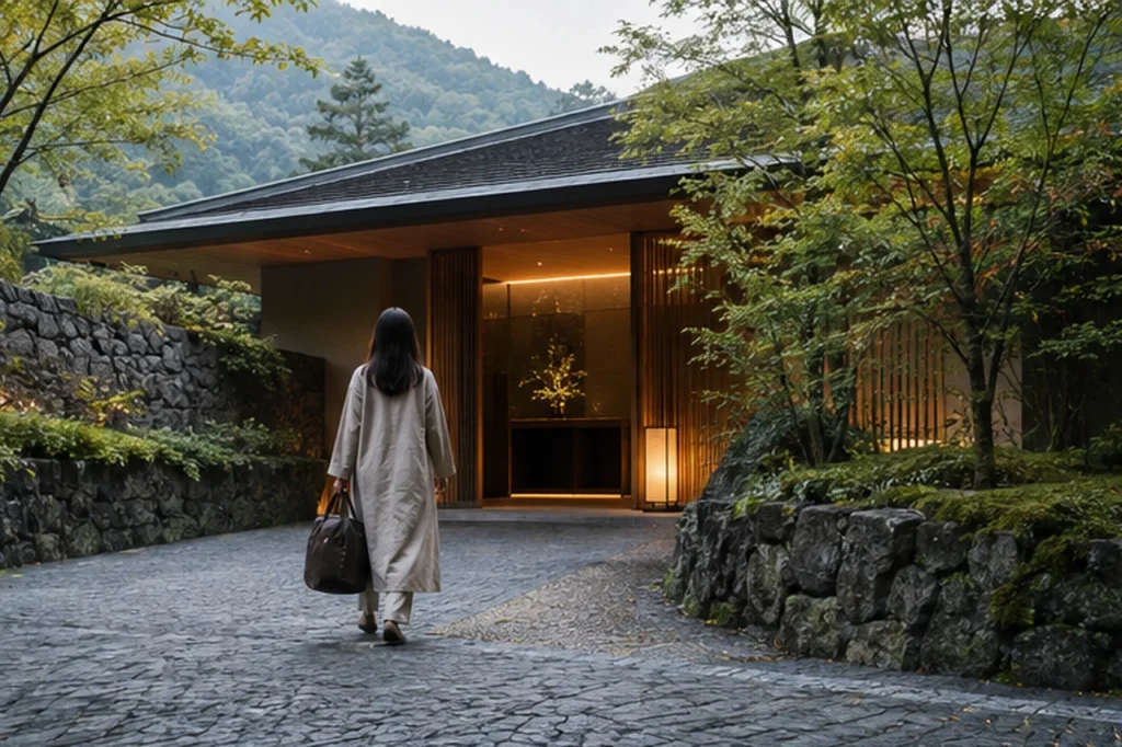 京都の山あいのホテルへ一人で到着する滞在者