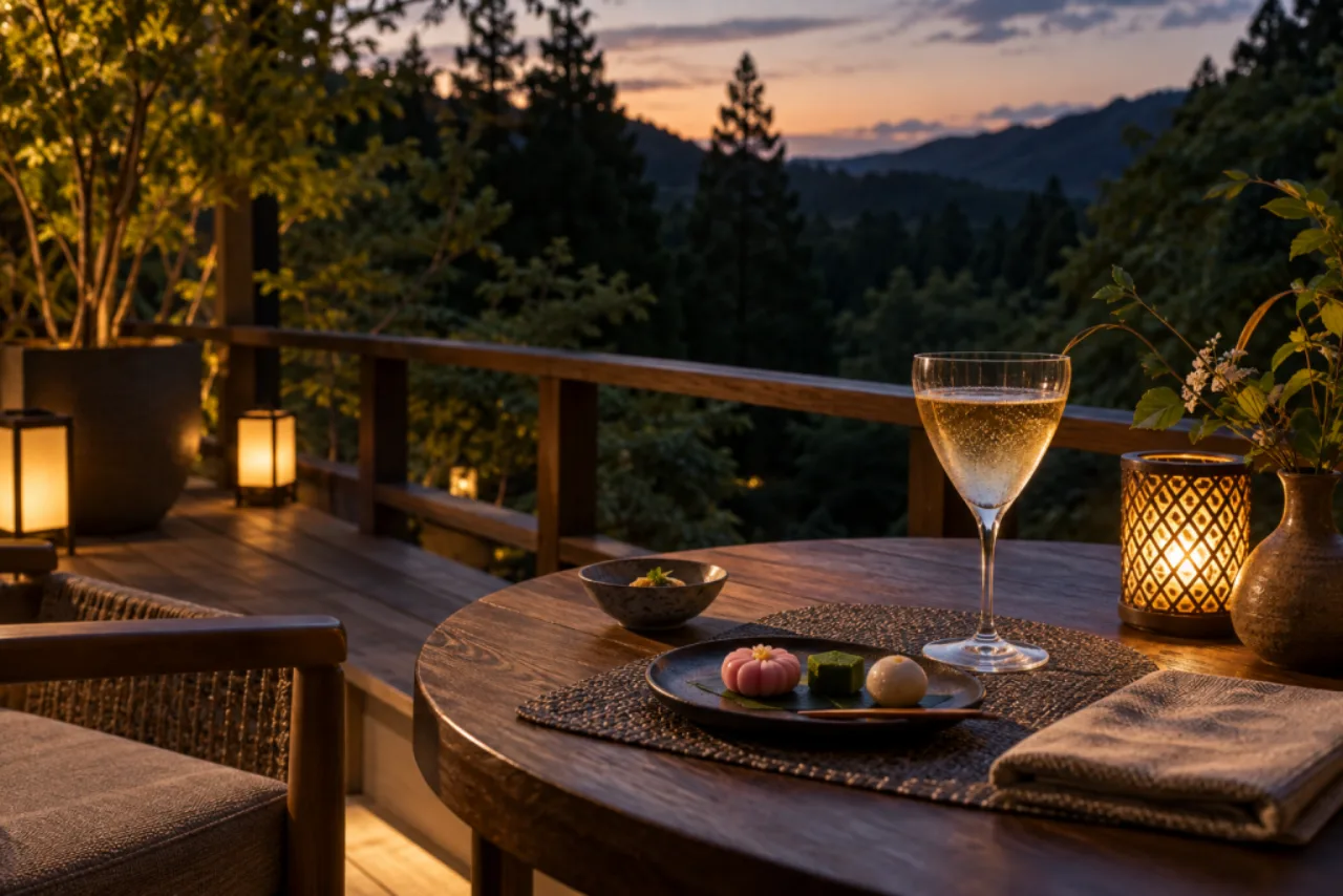 森に囲まれたテラスで、夕暮れに飲み物と和菓子を楽しむ一人分の席