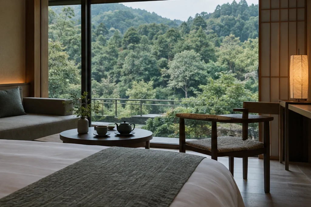 森を望む静かな客室でお茶を楽しむ一人旅の滞在者