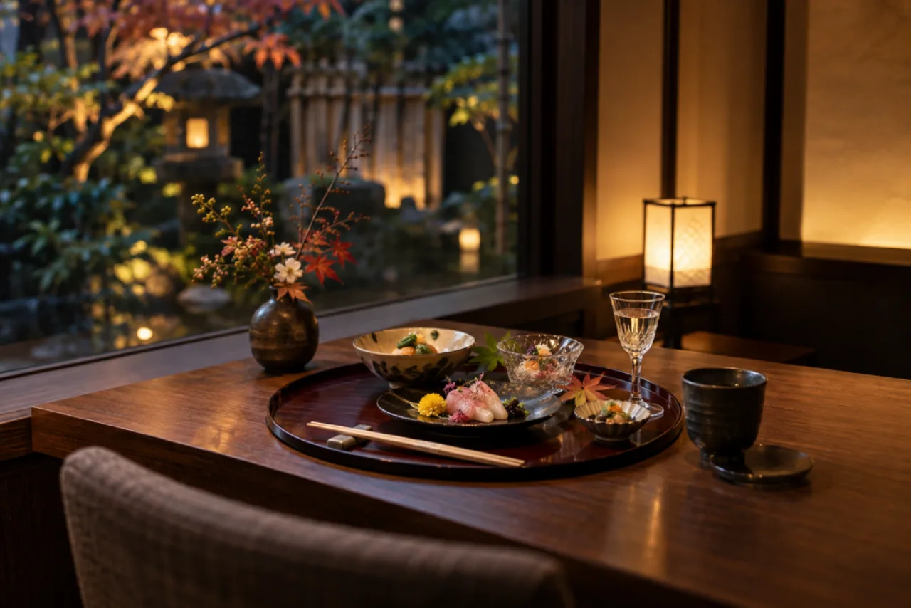 窓辺のレストランで季節の料理を一人分だけ楽しむ京都の夜
