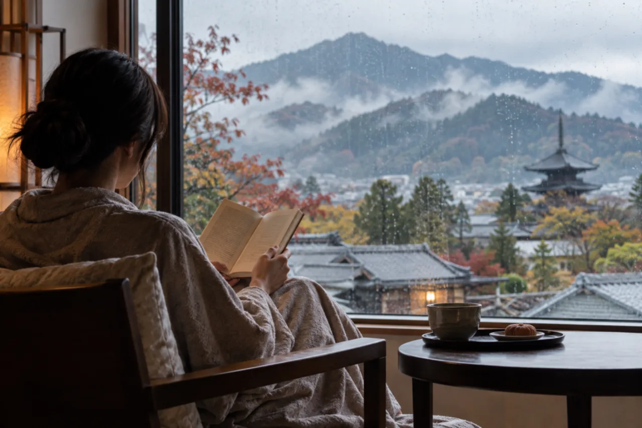 窓辺で京都の山並みを眺めながら本を読む一人旅の滞在者