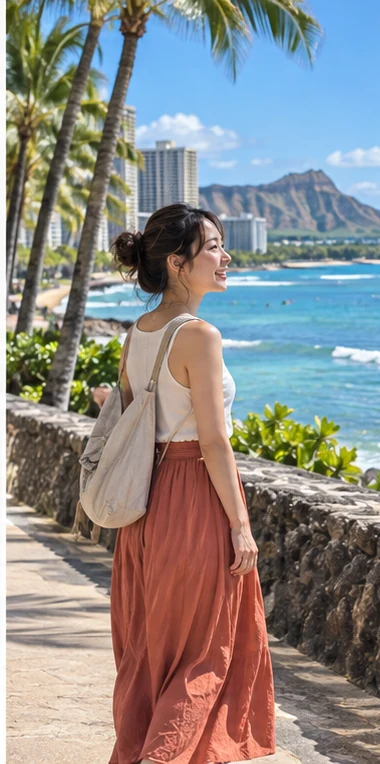 ヤシの木と海を眺めながら海沿いの道を歩く一人旅の女性