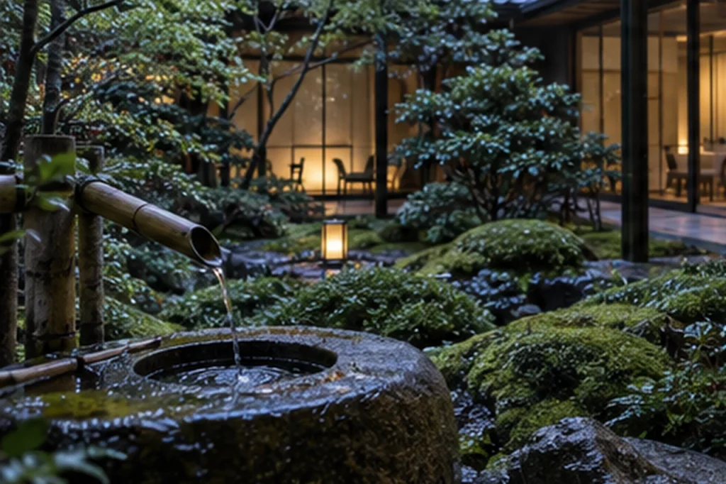 苔と石に囲まれた静かな京都の中庭と水鉢