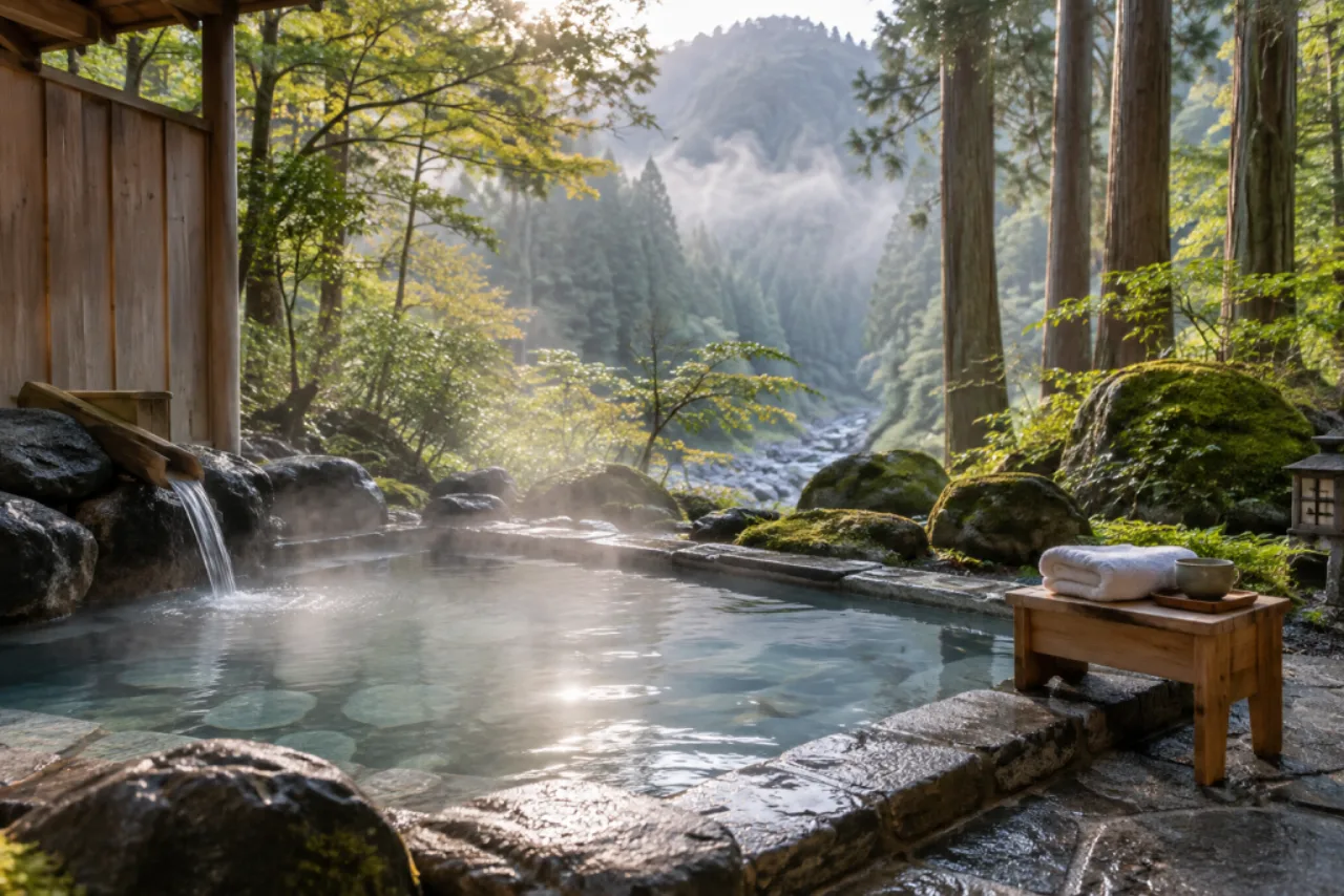 木々に囲まれた静かな露天風呂と湯気の立つ朝の森