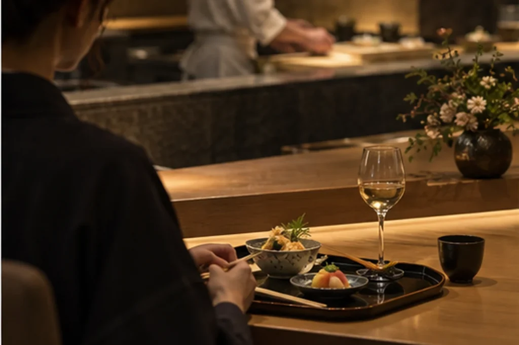 カウンター席で季節の料理を一人分味わう夜の食事