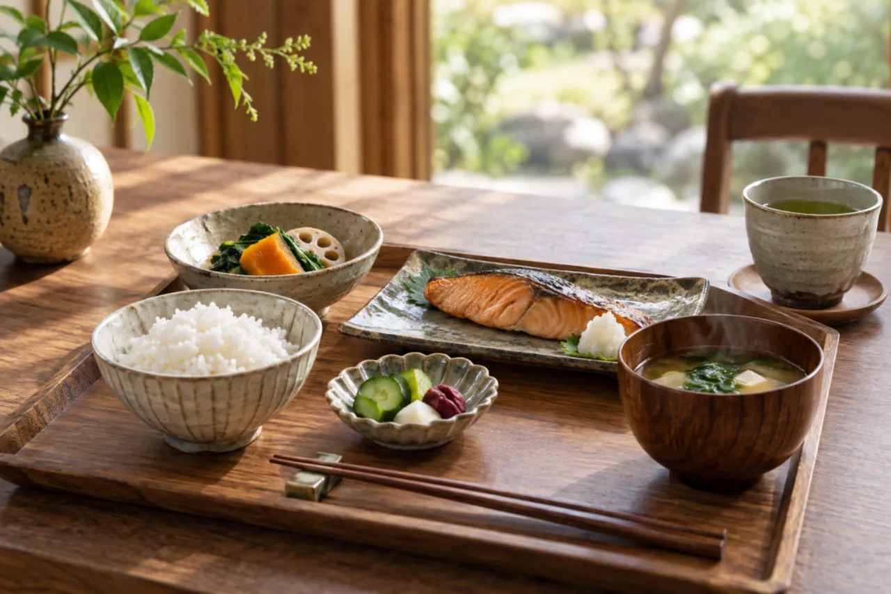 季節の料理とお茶が並ぶ一人分の朝食のテーブル