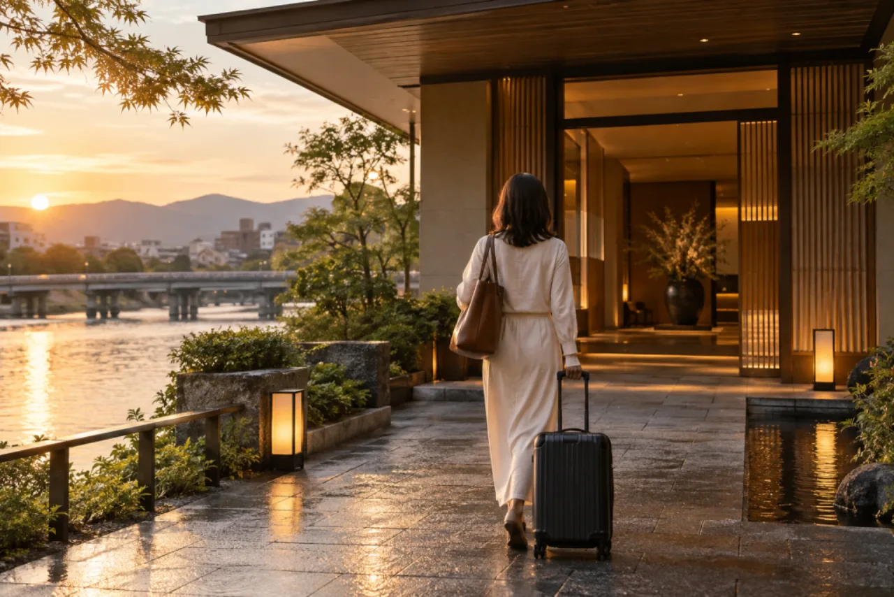 京都の静かな路地をひとりで歩く旅行者