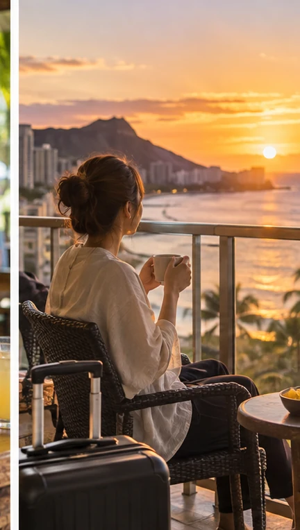 ホテルのテラスから夕日と海を眺める一人旅の女性