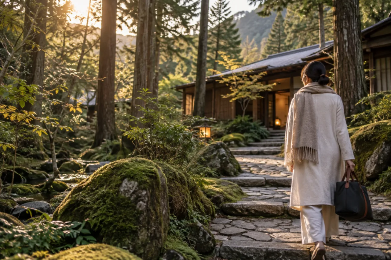 森の中の石畳を小さなバッグを持って歩く一人旅の滞在者