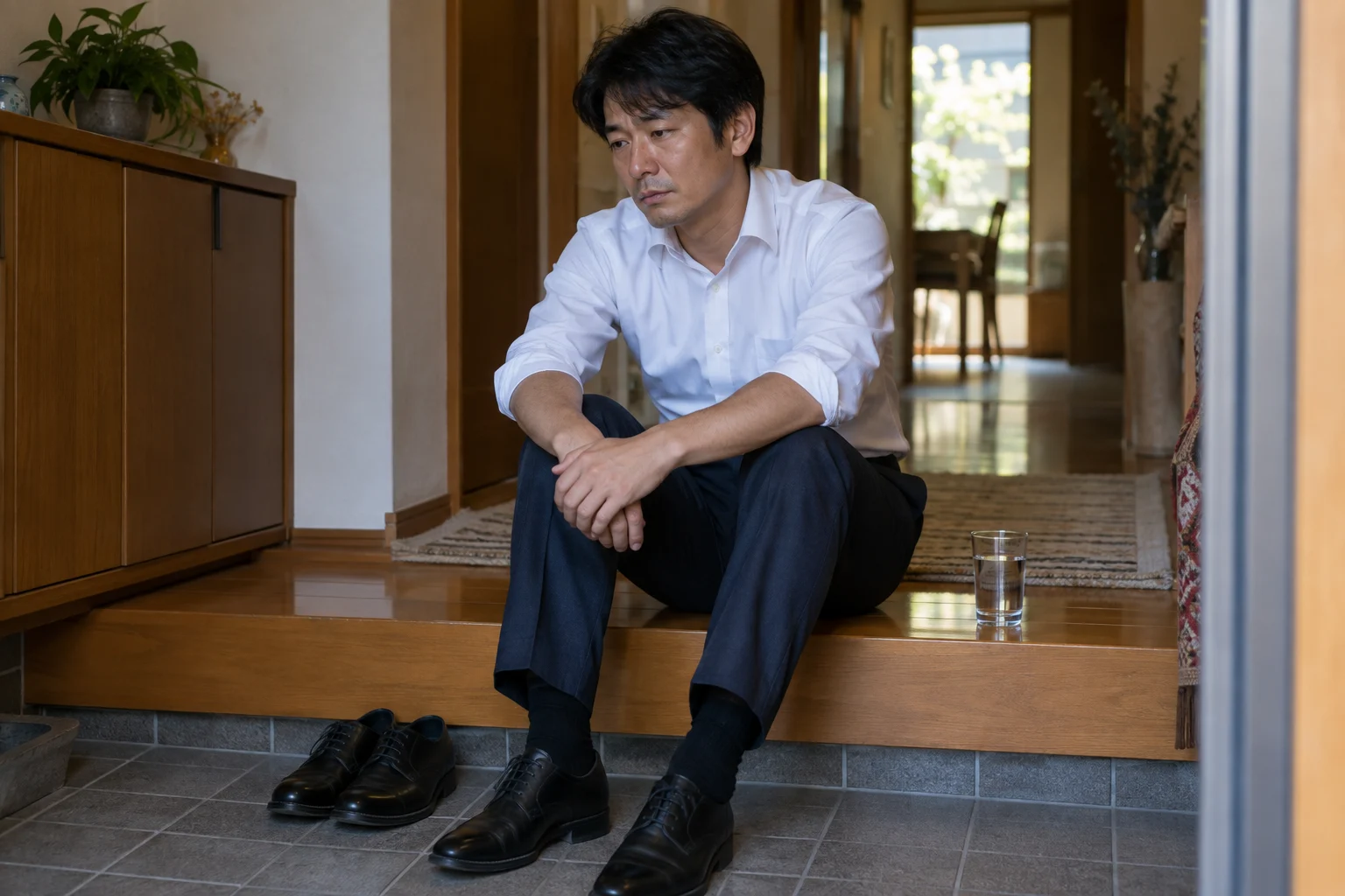 実家で家族との会話後に一人で気持ちを整理する日本人男性