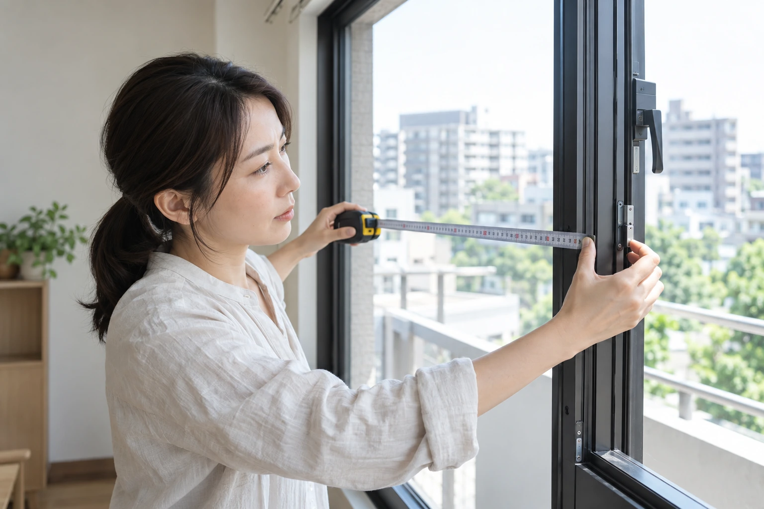 賃貸の窓枠の寸法と開閉方向を測る女性の編集イメージ