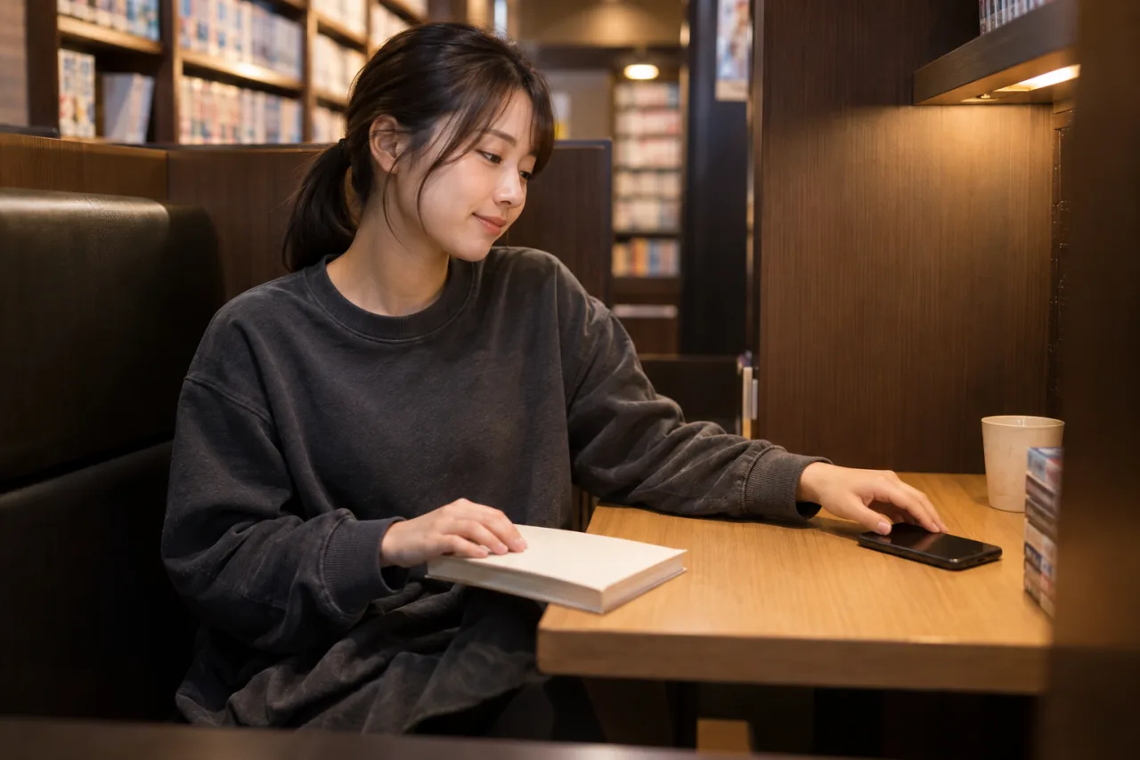 アラームに気づき、読みかけの本を閉じる栞さん