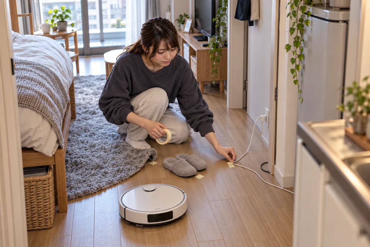 ベッド下の高さと部屋の段差を測る栞さん