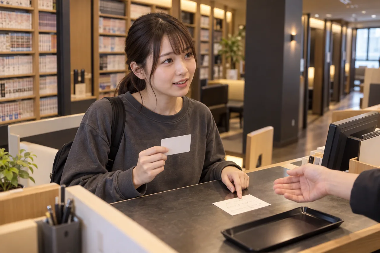 受付で利用カードを渡し、質問をする栞さん