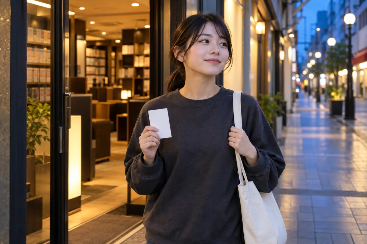 夕方のネットカフェを出て無地のレシートとトートを持つ栞さん