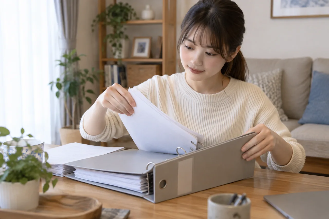 栞さんが完了書類を一冊に保管する