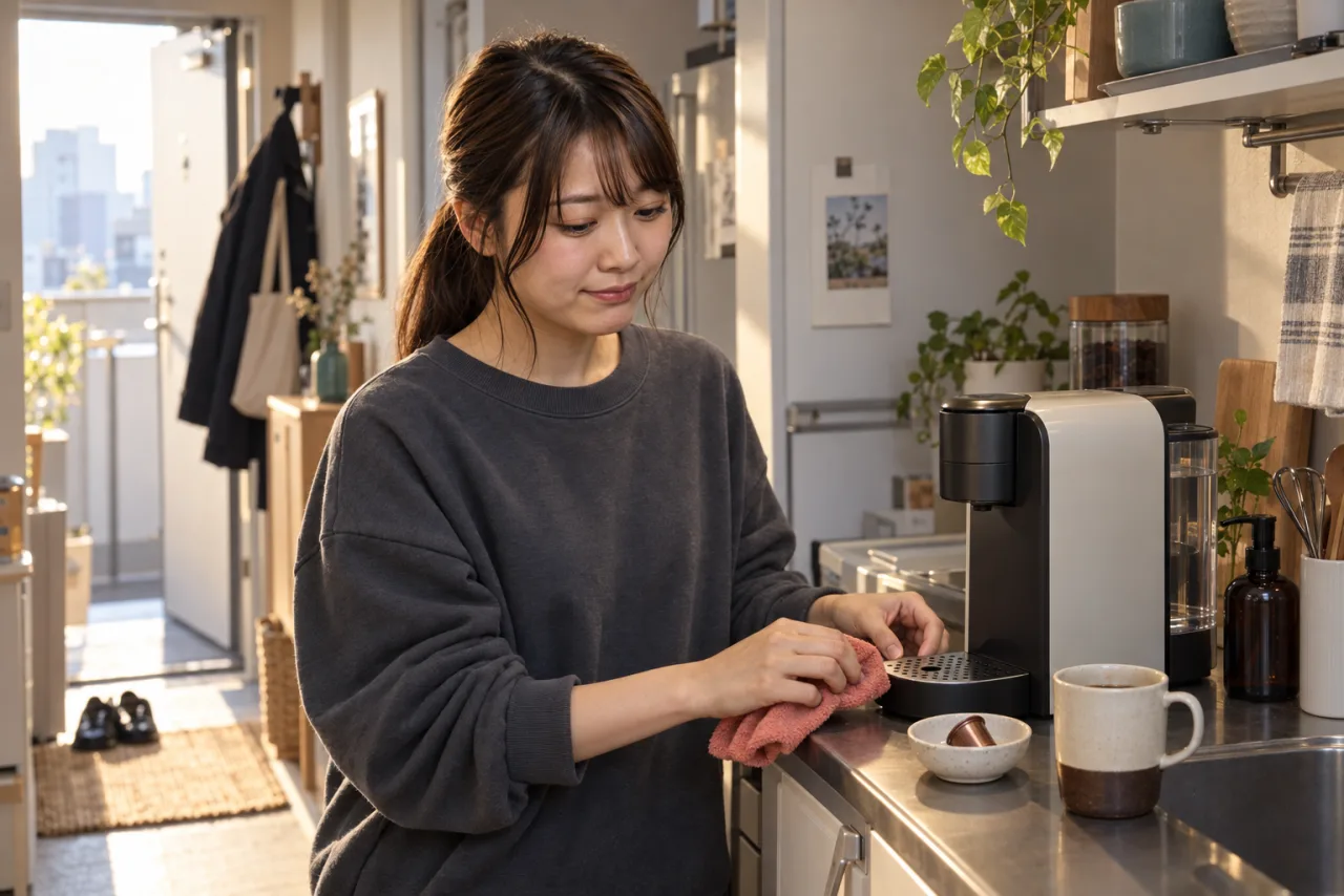 小さな台所で一杯を片づけて出勤の支度をする栞さん