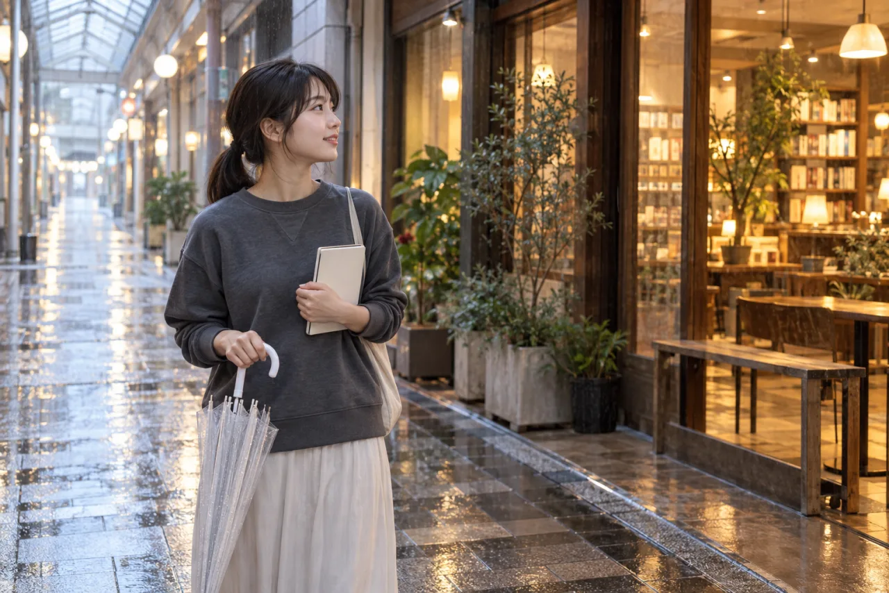 雨の街で予備案のメモを見ながら歩く栞さん