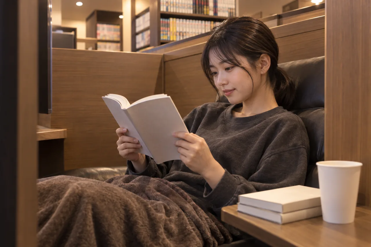 リクライニング席で本を両手に持ち、読書に没頭する栞さん