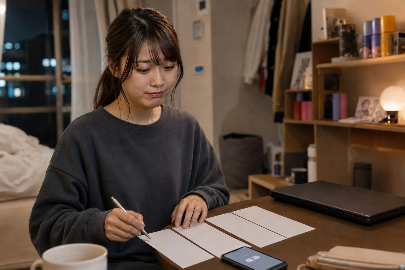 三つの支払案を紙に分けて総額と終わる月を確かめる栞さん