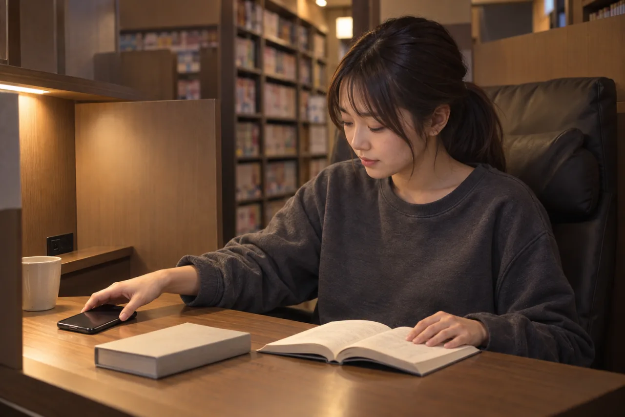 スマートフォンを伏せて漫画を開く栞さんの手元