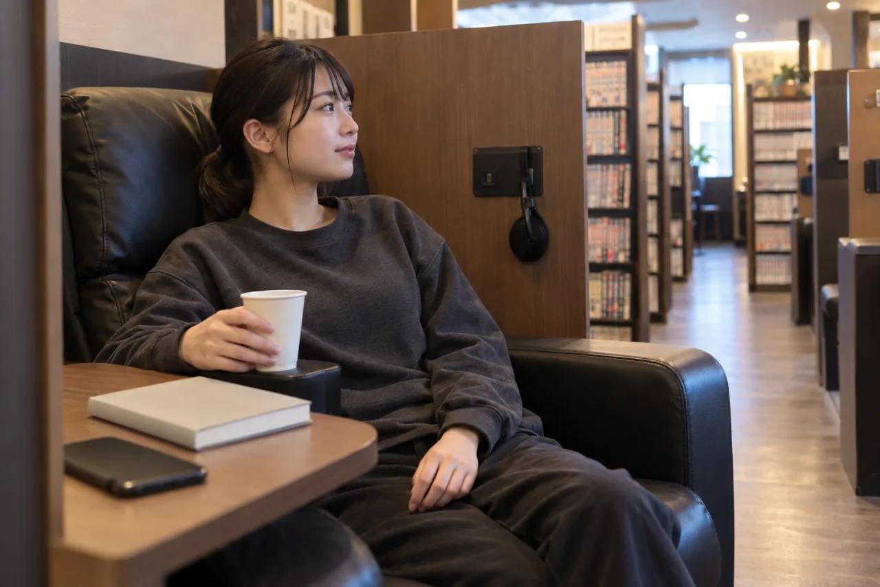 飲み物を持ち、席で休憩する栞さん