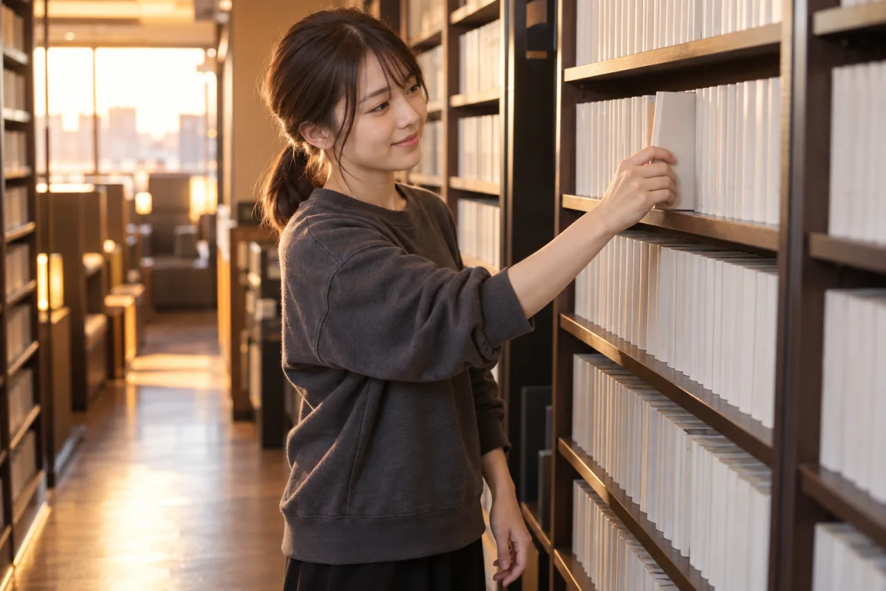 次に読む巻を棚へ戻す栞さん