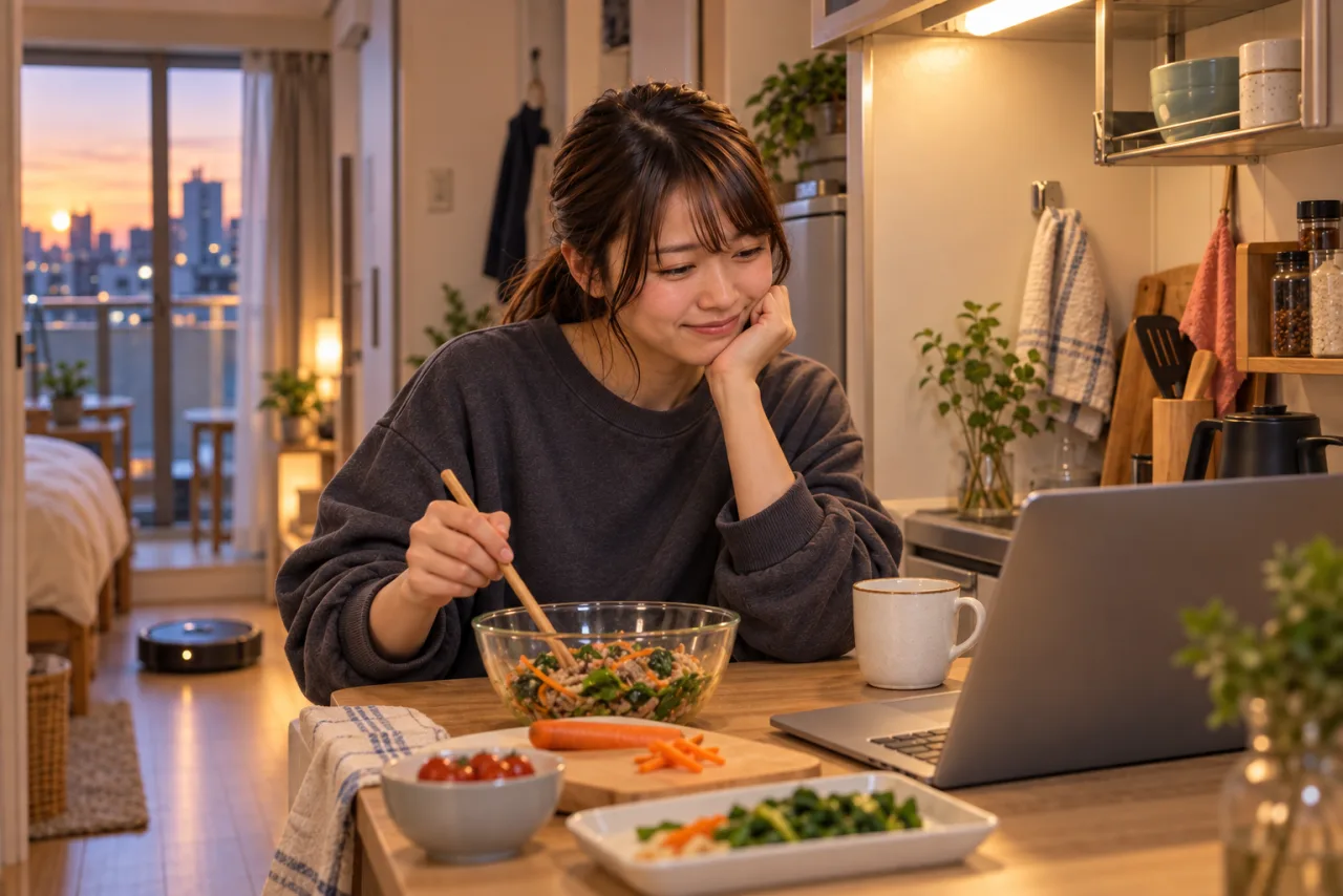 ロボット掃除機に床を任せながら夕食と配信を楽しむ栞さん
