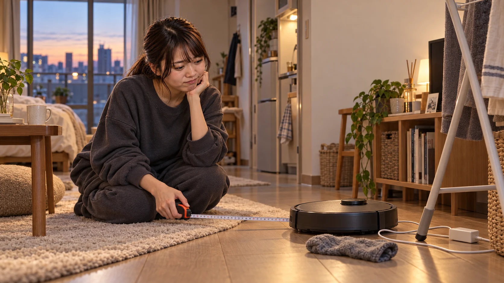 ロボット掃除機が走れる床をメジャーで測る栞さん