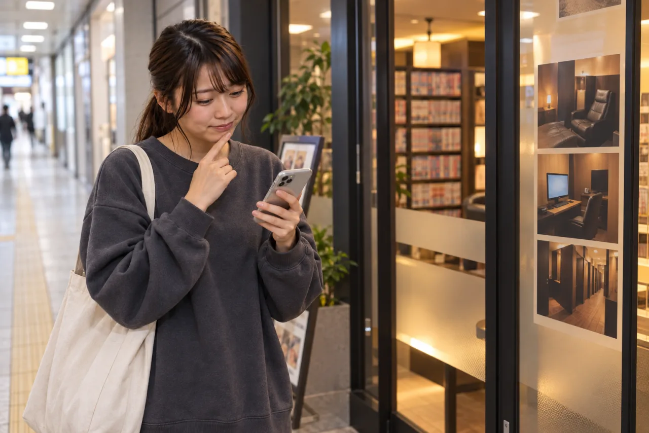 座席案内を見ながら、どの席にするか考える栞さん