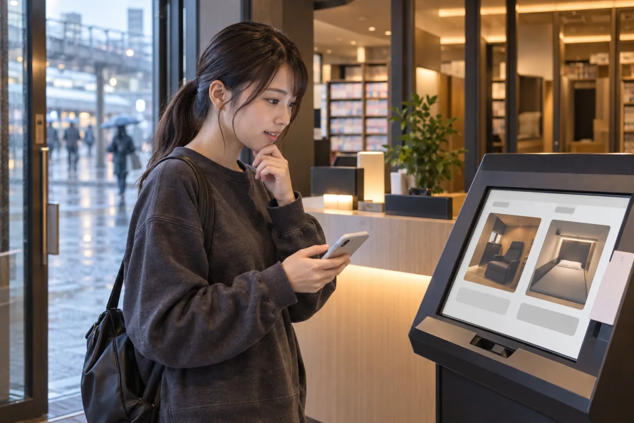 雨の午後、ネットカフェの入口でスマートフォンを見ながら顎に手を添える栞さん
