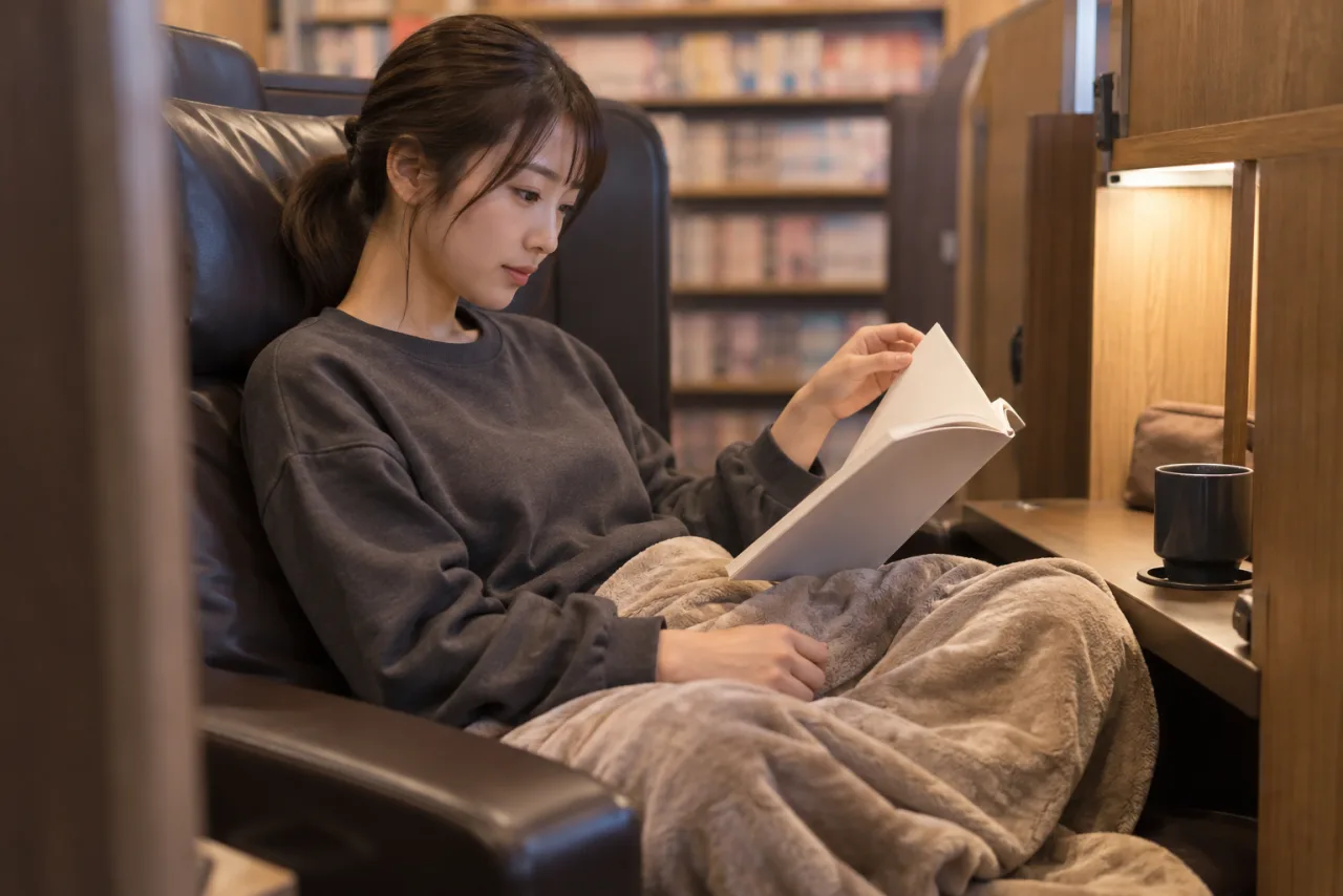 姿勢を変えながら次の巻を読む栞さん