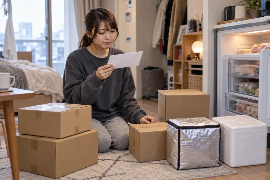 六つの返礼品の荷物のそばで見落としていた封筒を見つけた栞さん