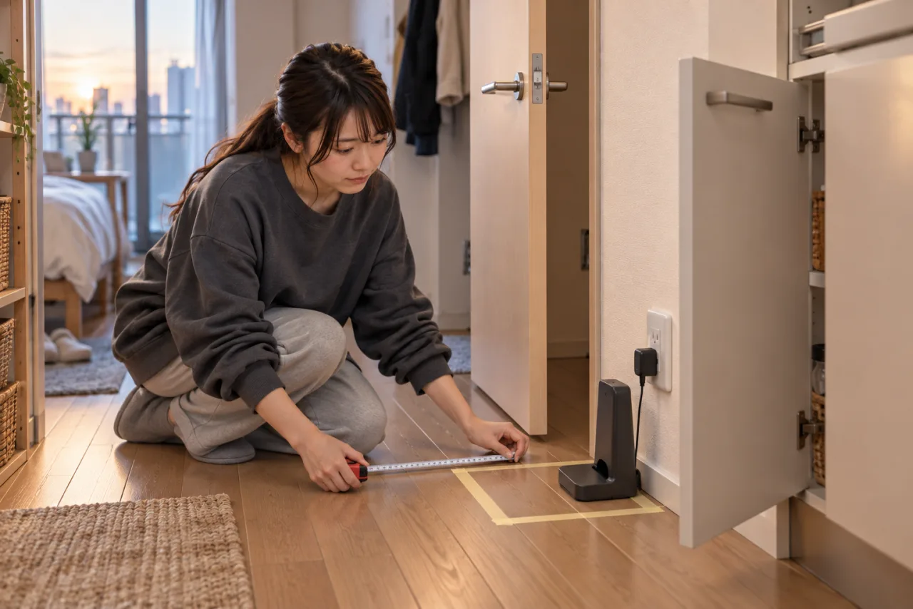 壁際に充電ステーションの設置寸法をテープで描く栞さん