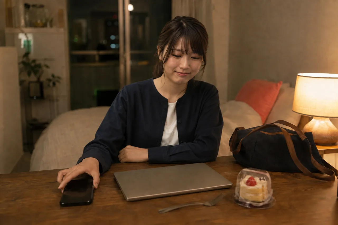 追加送金をやめてスマートフォンを伏せる栞さん