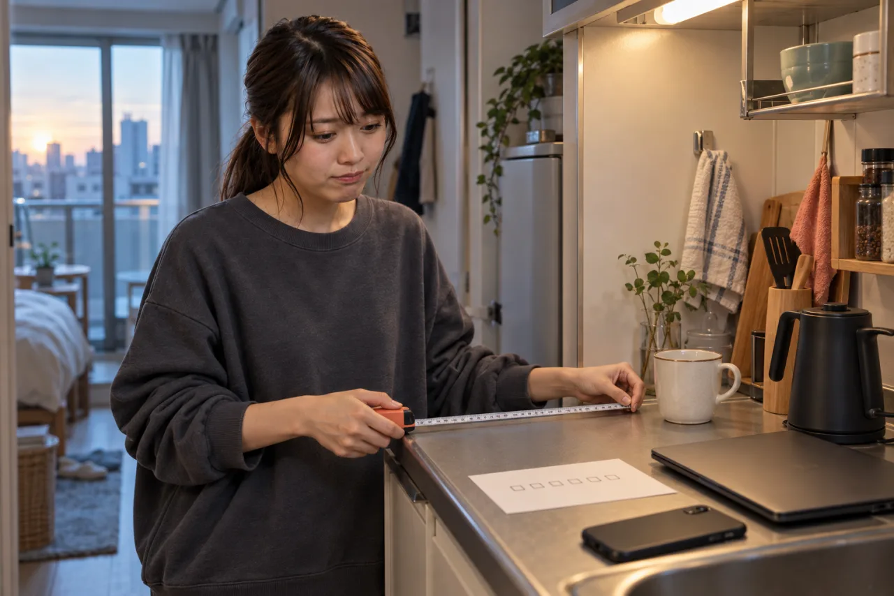 朝の小さな台所でメジャーとカップを前に申込みを止める栞さん