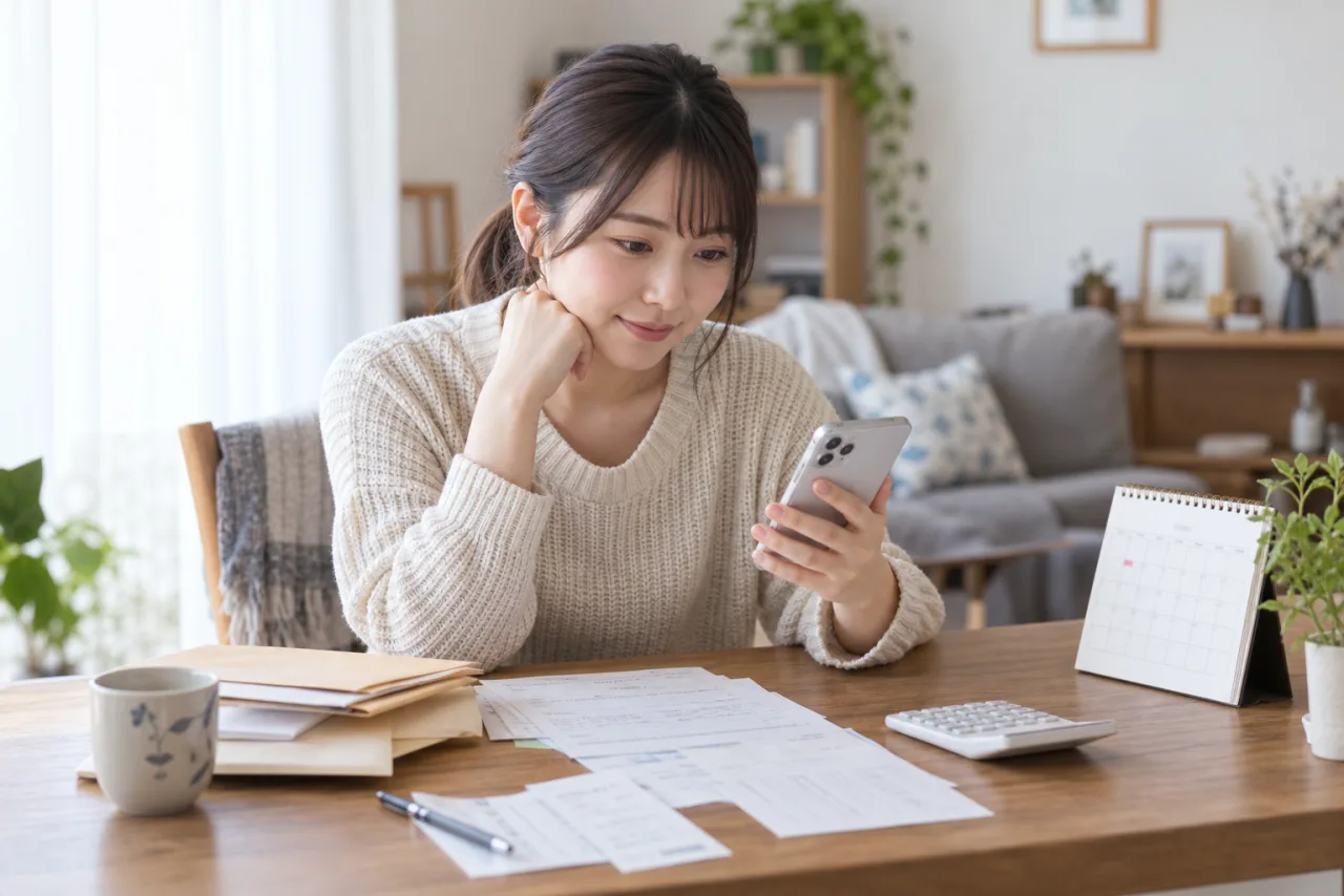 栞さんがスマホ申告前の確認をする
