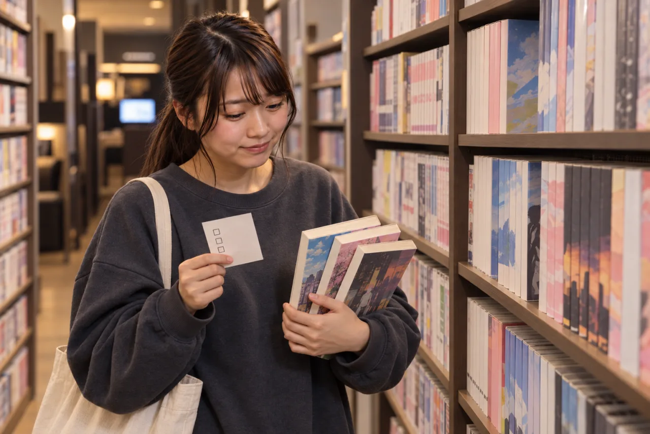 漫画棚の前で最初の3冊と小さなメモを持つ栞さん