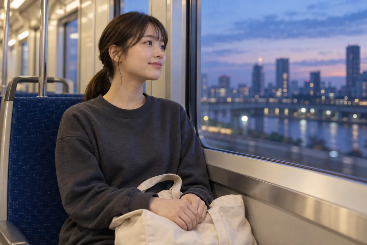 電車でトートバッグを抱え、帰り道を過ごす栞さん