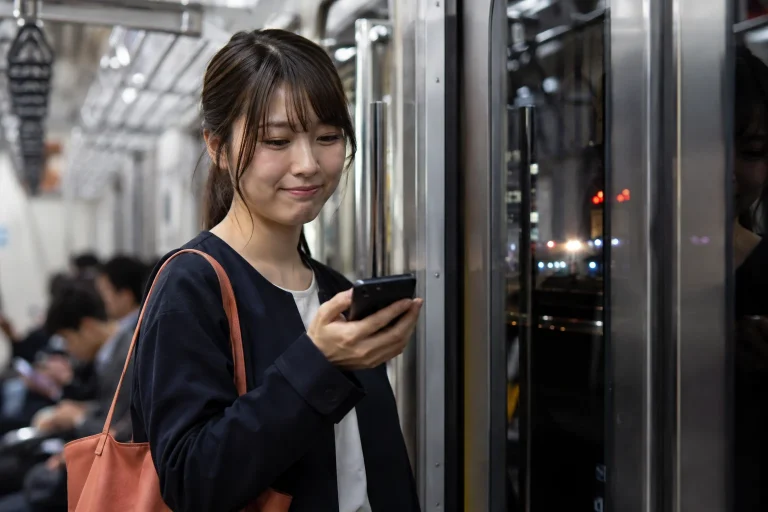 帰宅電車で副業報酬の通知を見る栞さん