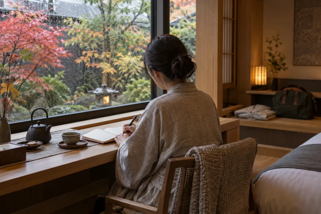 雨に濡れた紅葉の庭を眺めながら旅日記を書く女性の京都一人旅