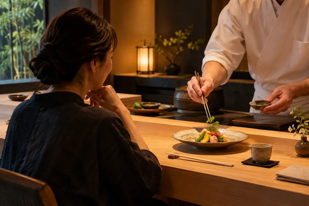 京都風のカウンターで料理人の盛り付けを眺めながら一人で夕食を待つ女性